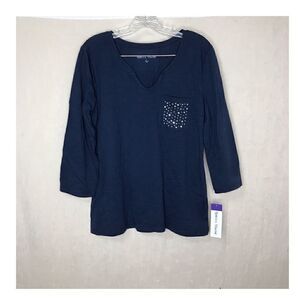 NWT Rebecca Malone Women's 3/4  Sleeve Decorative Pocket Top Blue Silver Large